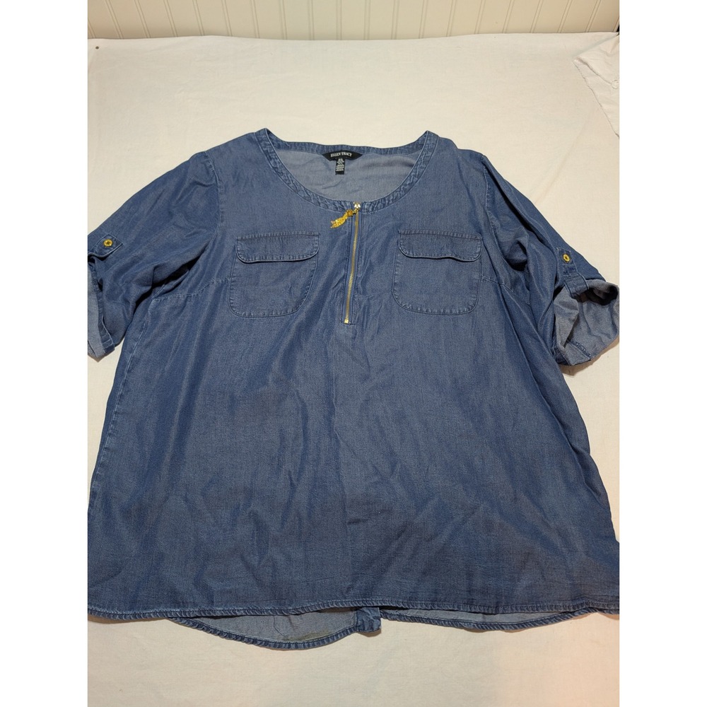 Ellen Tracy Womens XL Blue Tencel Lyocell Quarter Zip Roll Tab Blouse EPMS83048